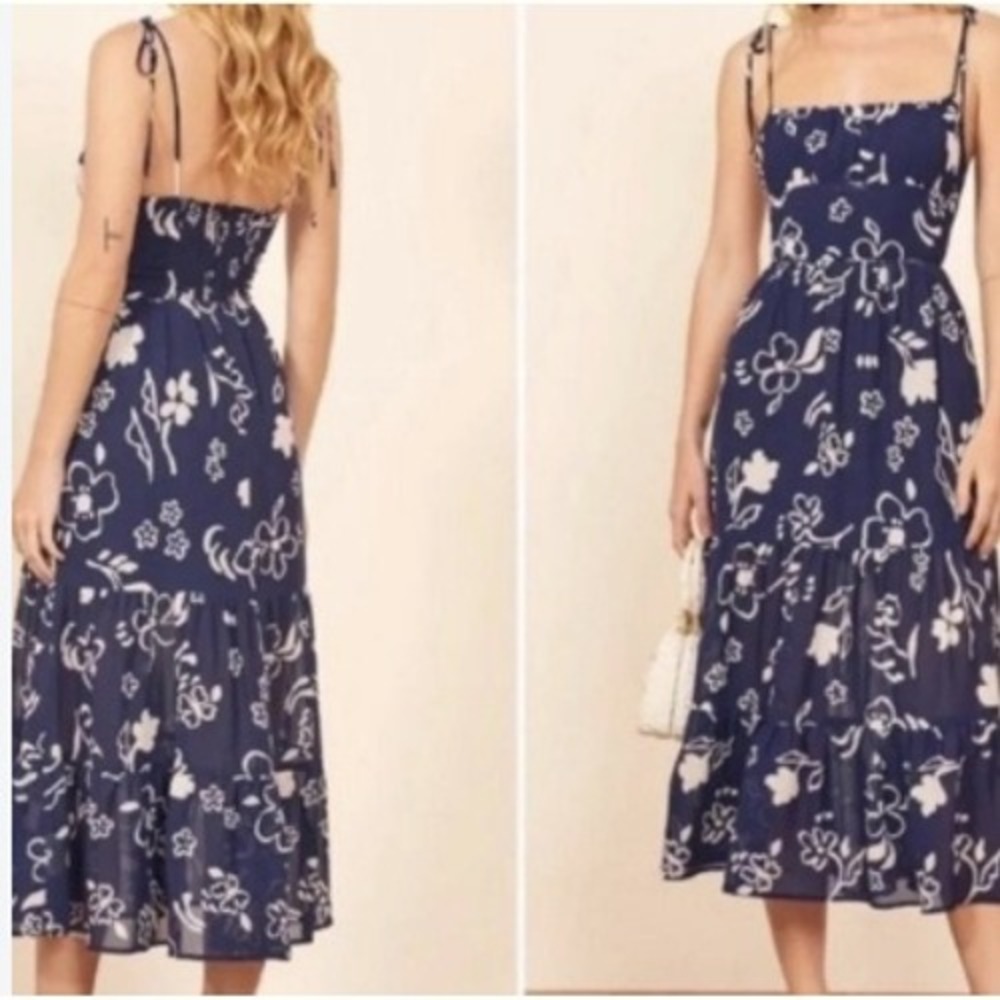 Reformation Kealy Midi Dress Floral Tie Strap 8 Navy Blue Tiered Smocked Back